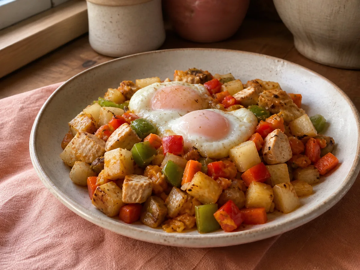 A Chicken Hash with a Mexican Flare Topped with Soft Eggs Recipe