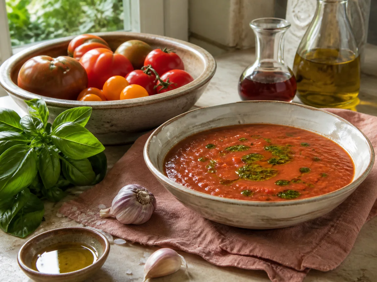 'Abundance' tomato soup with basil oil