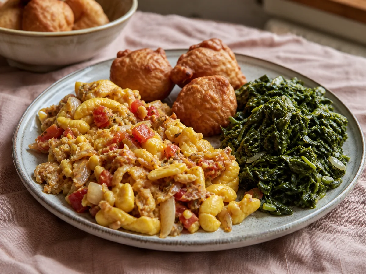 Ackee and saltfish with steamed callaloo and Merlene’s fried dumplings