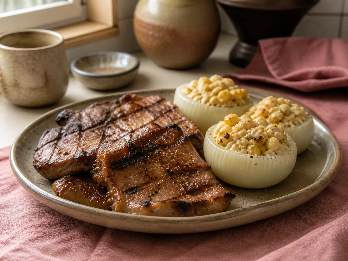 Adobo Grilled Pork with Esquite Stuffed Onions