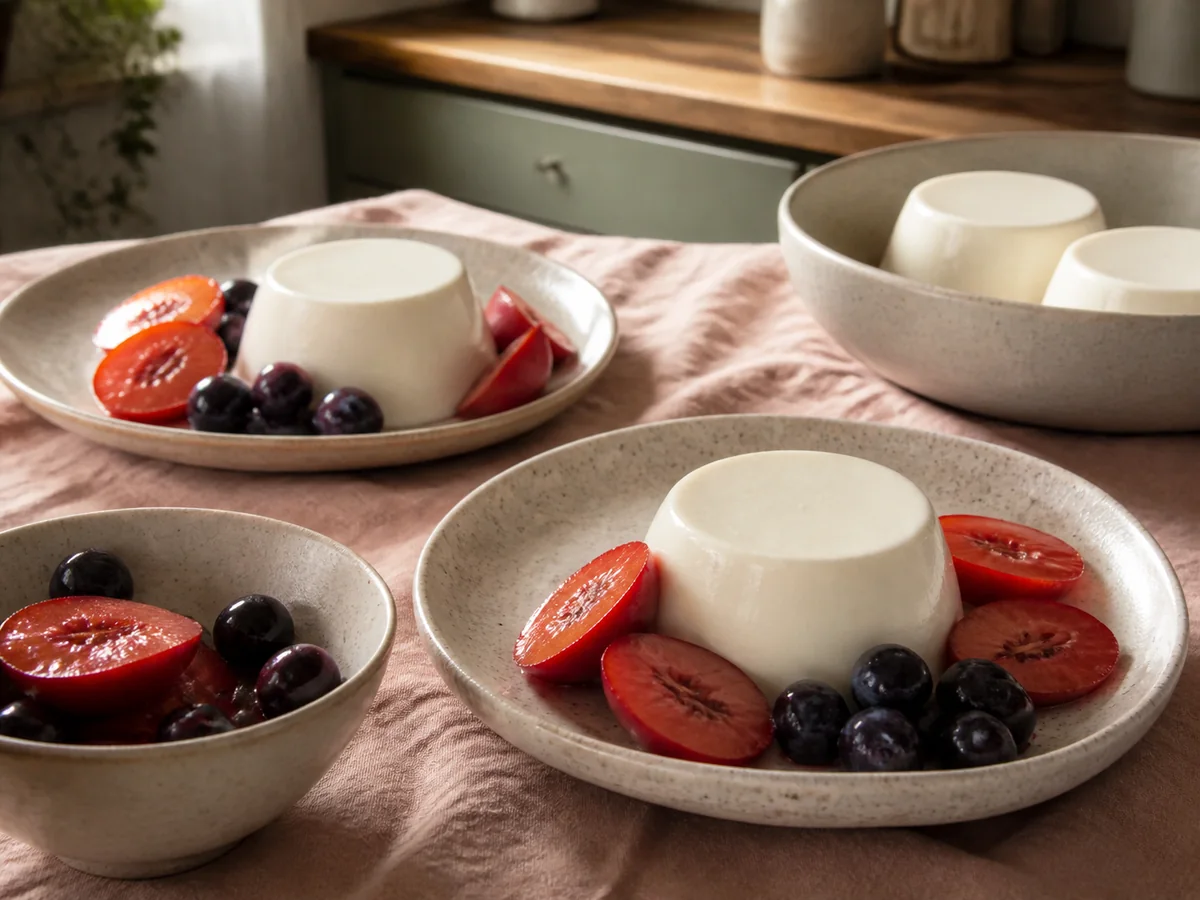 Almond panna cotta with poached tamarillos and berries