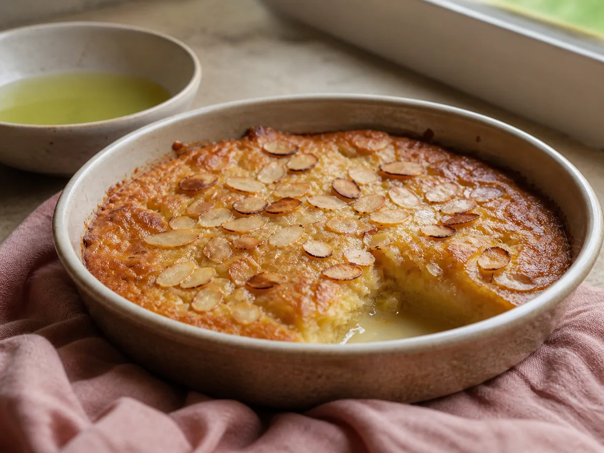 Almond pudding with lime syrup