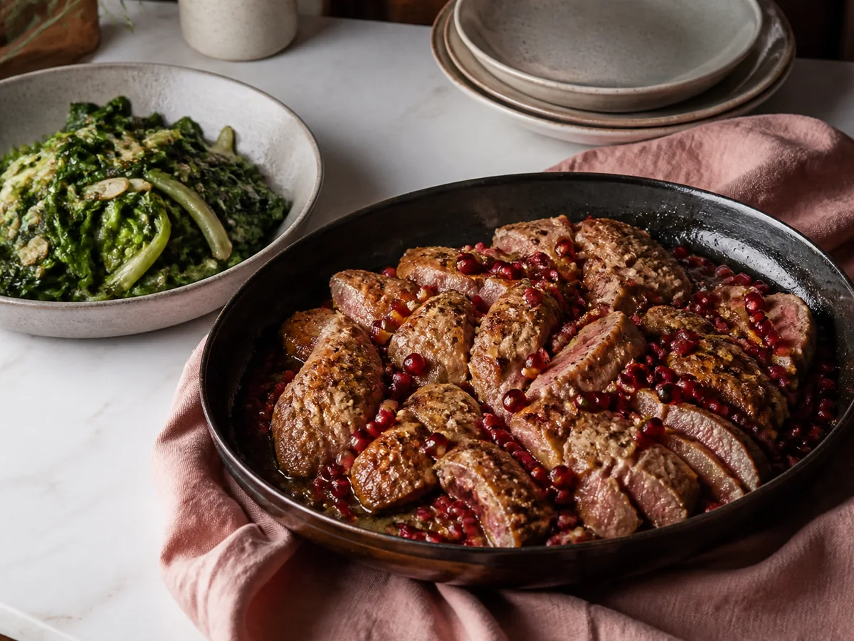Anatra con melagrana (duck with pomegranate) and sautéed escarole