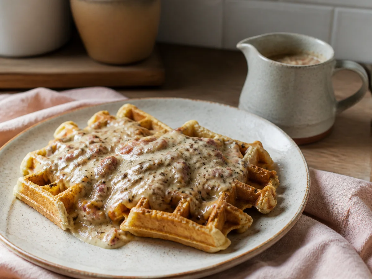 Bacon-Topped Savory Waffles with Onion Sauce