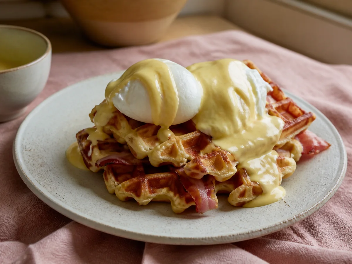 Bacon waffles with poached eggs and hollandaise sauce