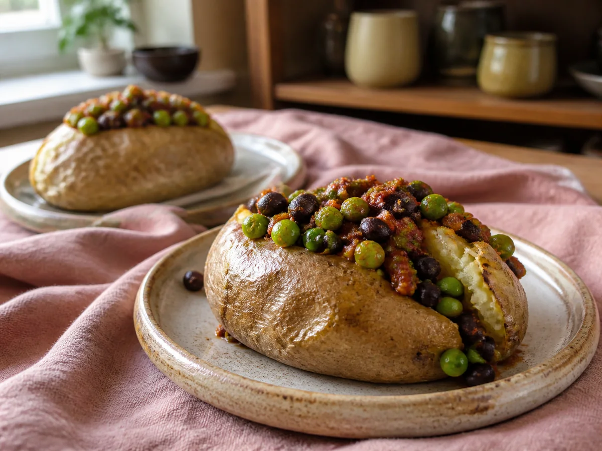 Berbere Tomato Black Bean & Green Pea Loaded Potatoes