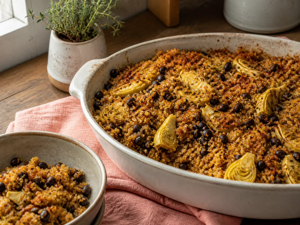 Cajun-Spiced Black Bean & Artichoke Quinoa Bake