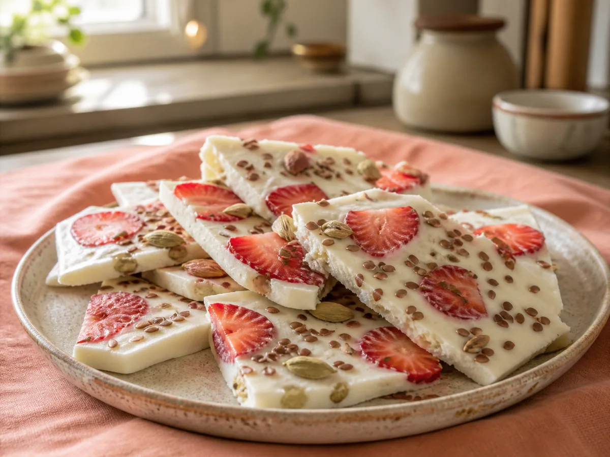 Cardamom Strawberry & Flax Frozen Yogurt Bark