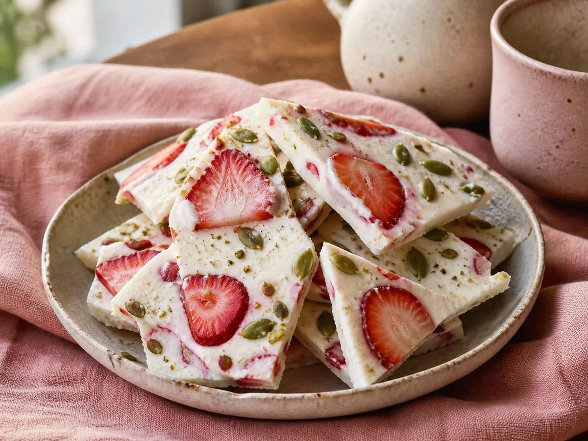 Cardamom Strawberry & Pumpkin Seed Frozen Yogurt Bark
