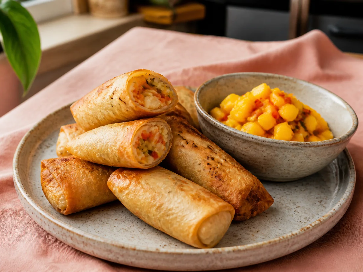 'Caribbean' roasted root vegetable and goats' cheese spring rolls with mango salsa