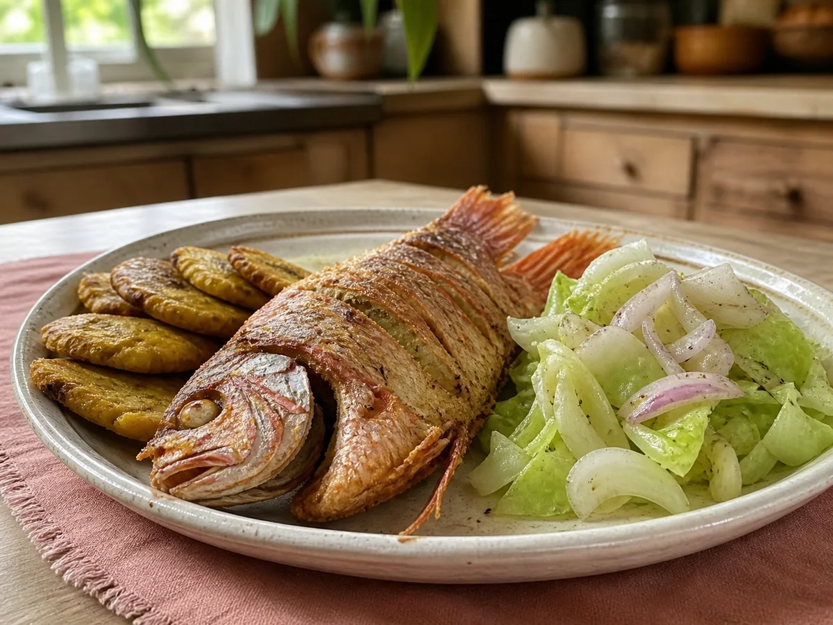 "CHILLO FRITO CON TOSTONES Y ENSALADA" FRIED RED SNAPPER WITH FRIED PLANTAINS & SALAD Recipe