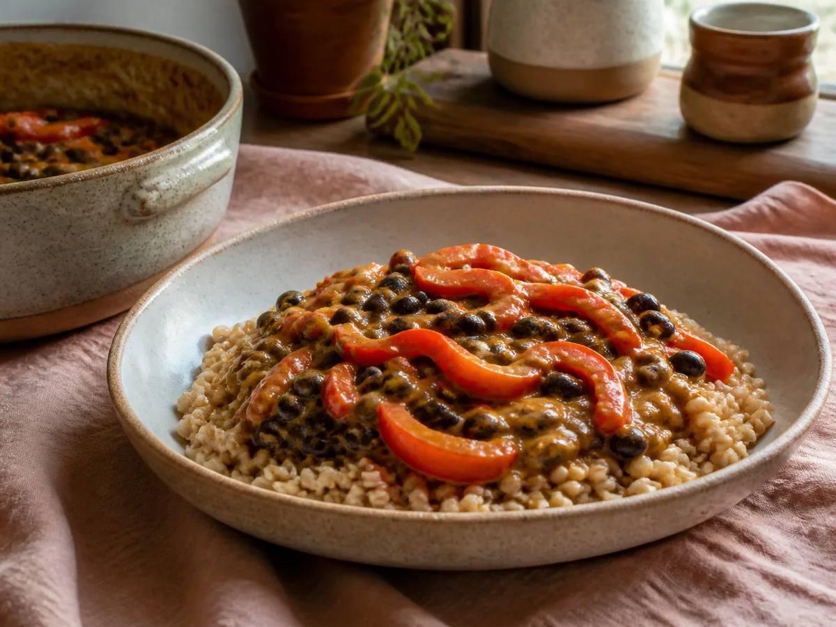 Cinnamon Cumin Black Bean & Bell Pepper Curry over Farro