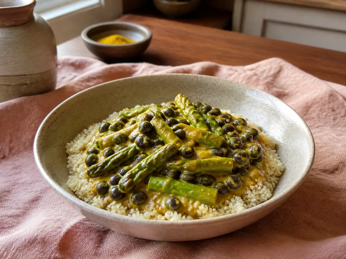 Golden Ginger Black Bean & Asparagus Curry over Quinoa