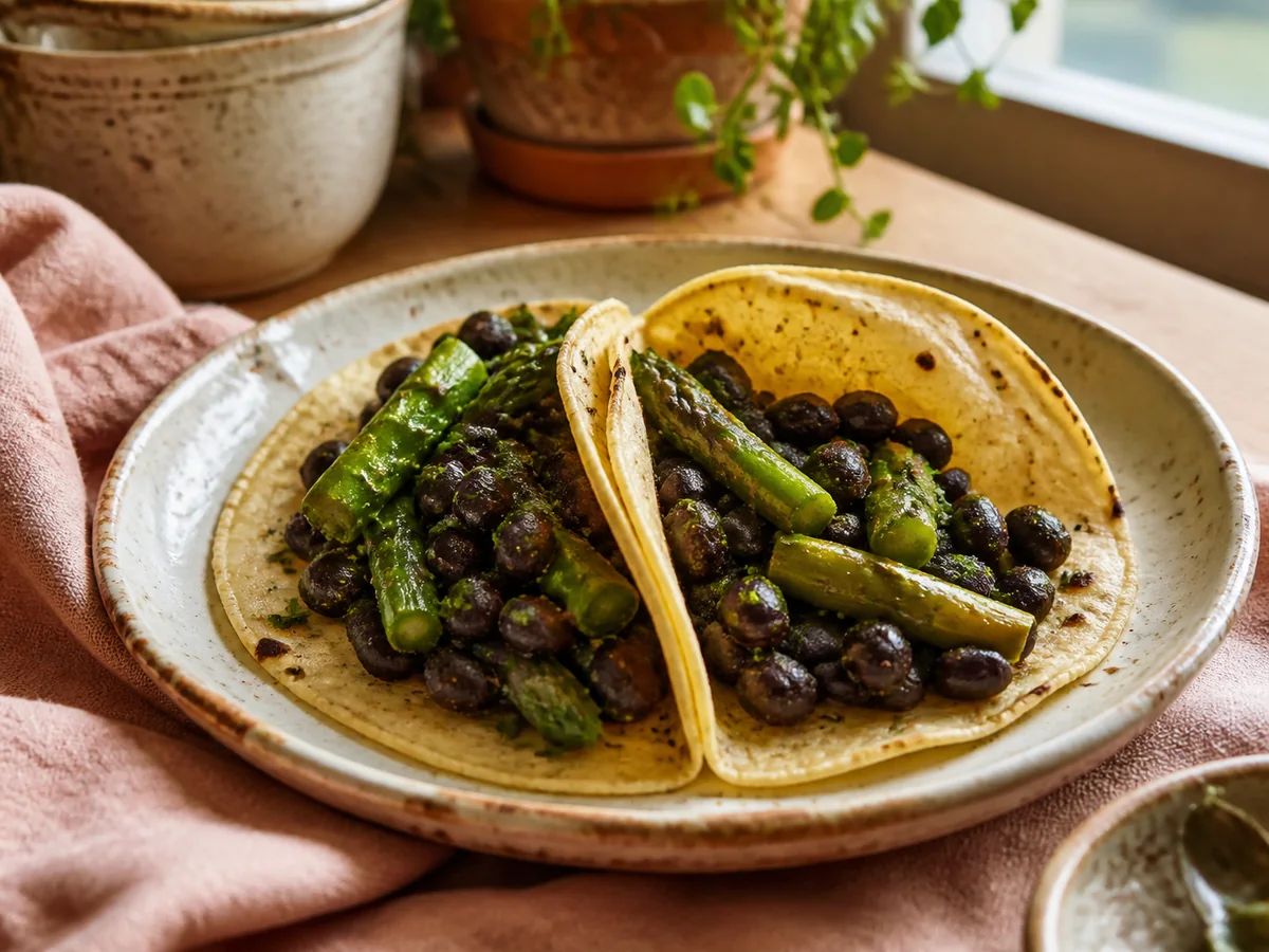 Jerk-Spiced Lime Black Bean & Asparagus Tacos