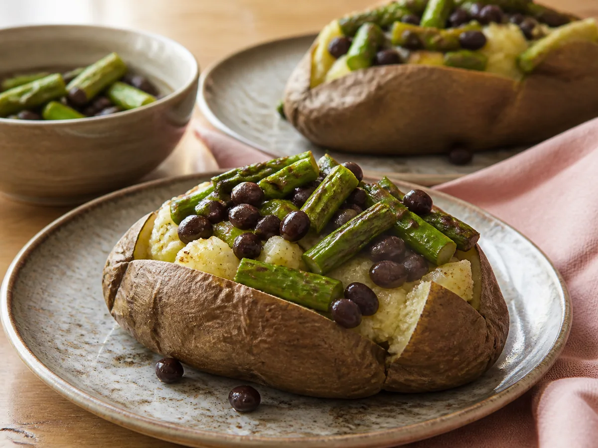 Miso Ginger Black Bean & Asparagus Loaded Potatoes