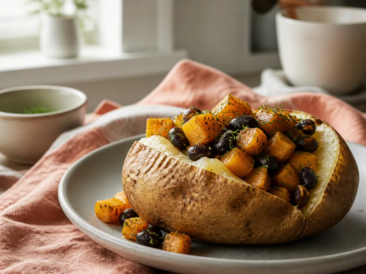 Mustard Dill Black Bean & Butternut Squash Loaded Potatoes