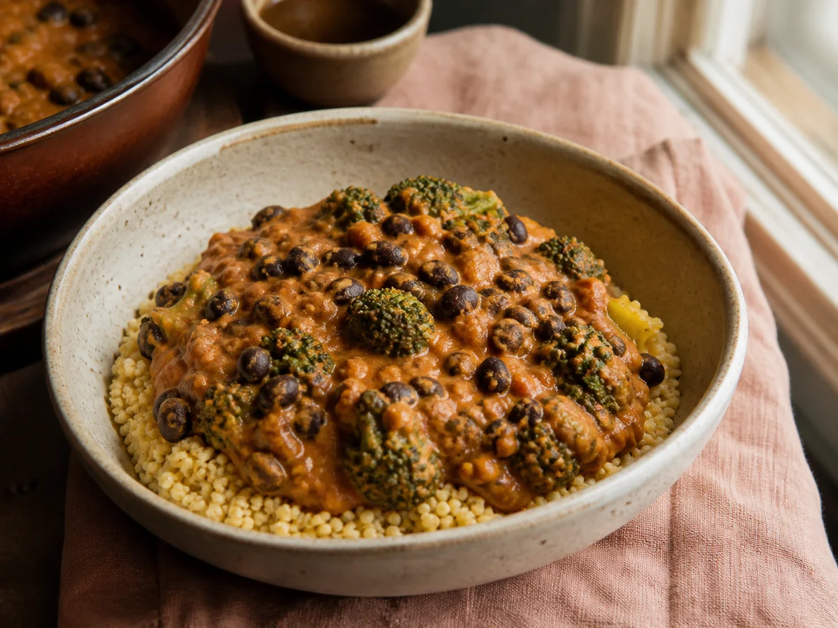 Peanut Tomato Black Bean & Broccoli Curry over Millet