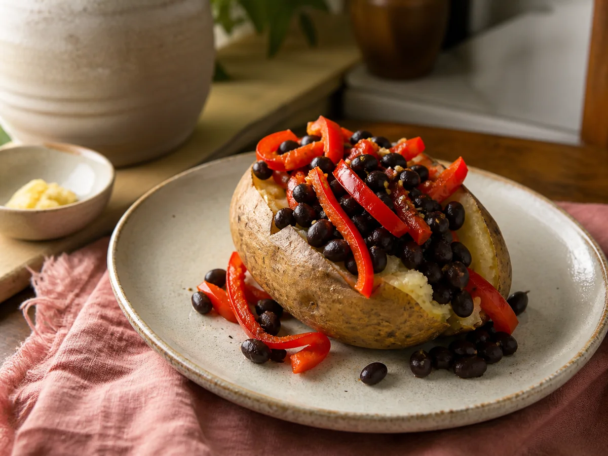 Sesame Ginger Black Bean & Bell Pepper Loaded Potatoes