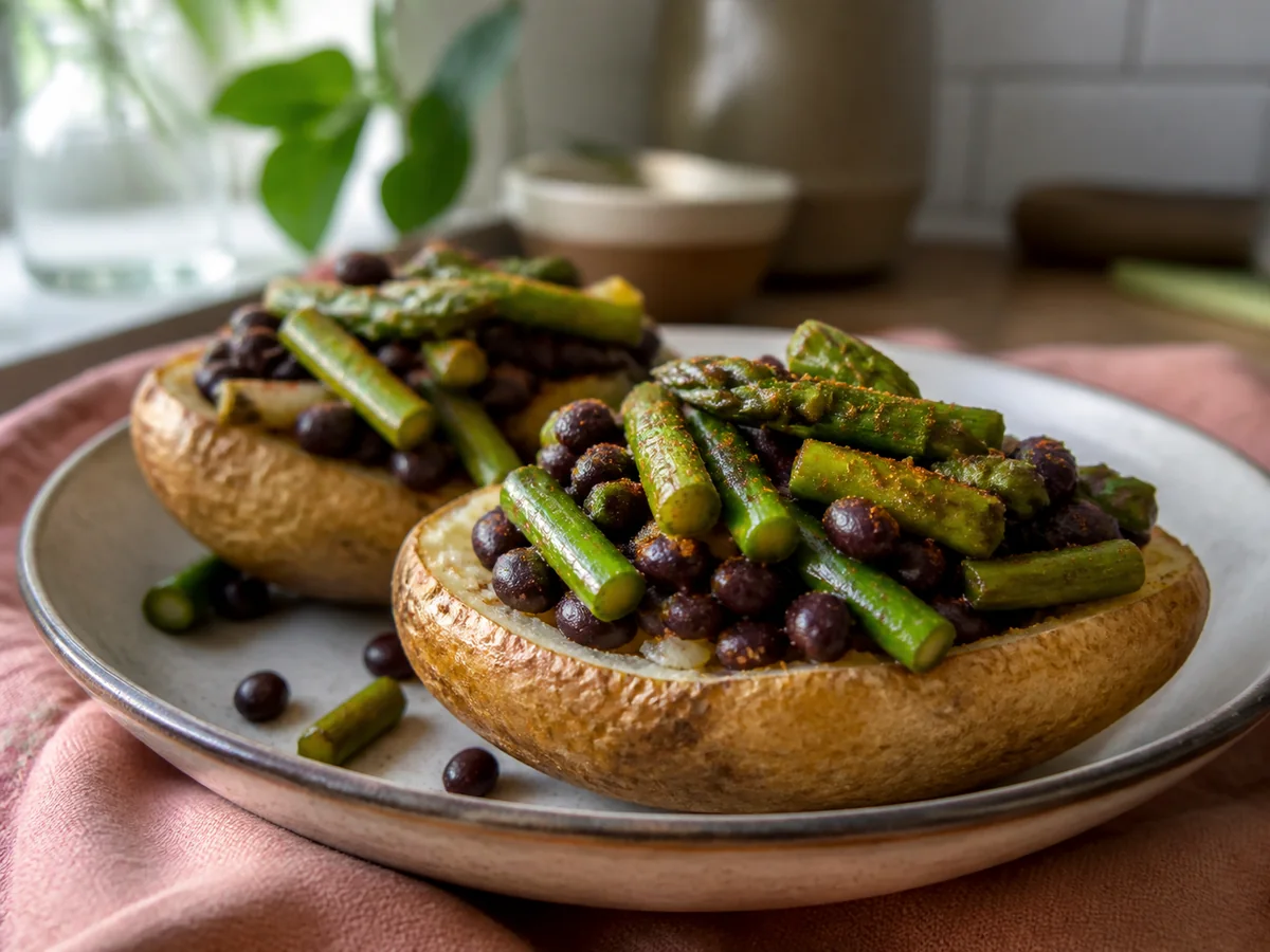 Smoked Paprika Black Bean & Asparagus Loaded Potatoes
