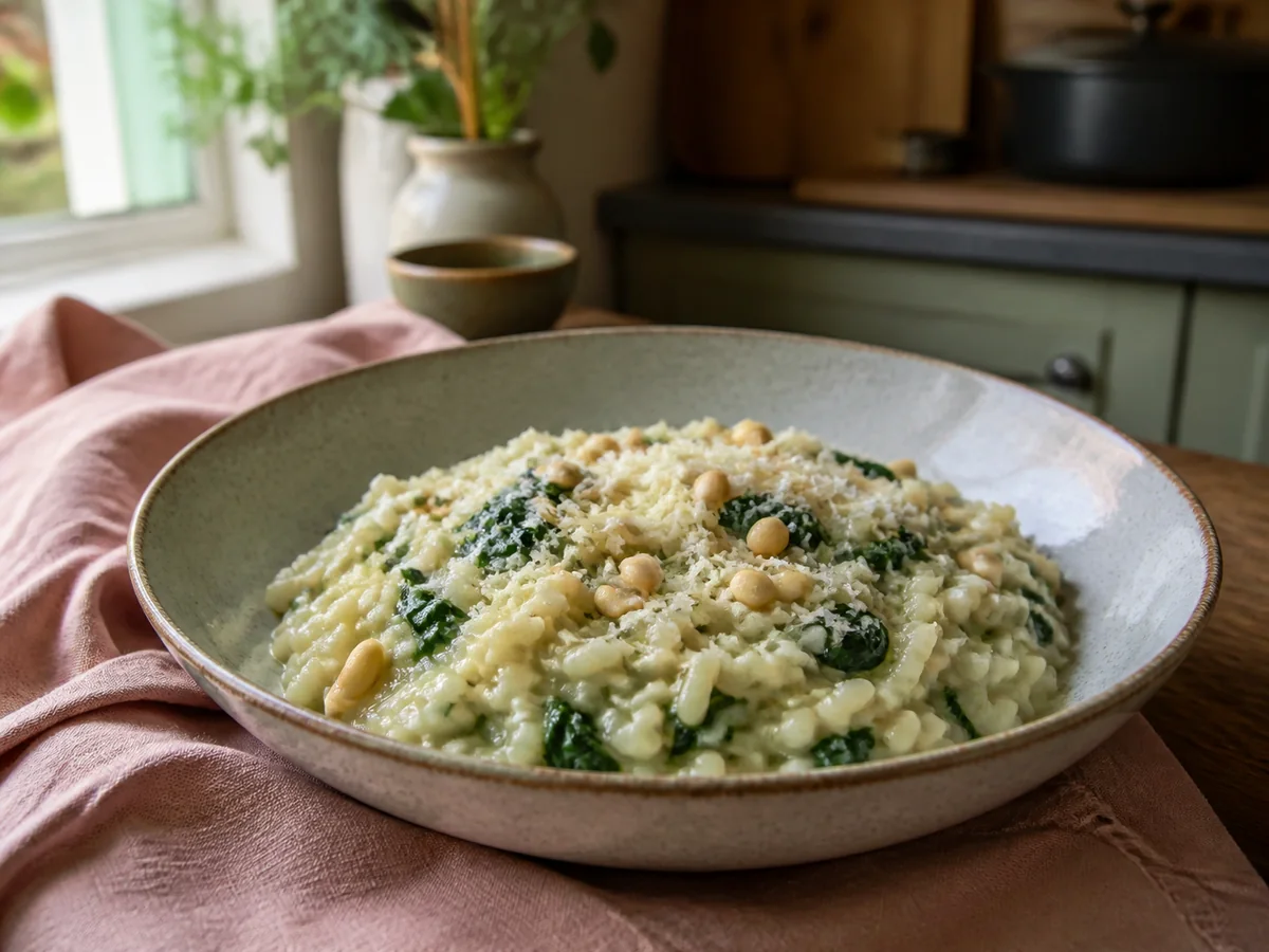 “Stir-Less” Spinach Risotto with Pine Nuts